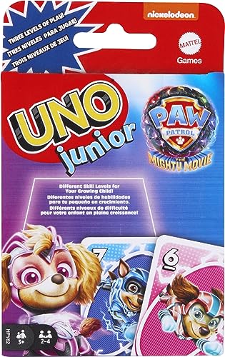 Mattel Games UNO Junior Paw Patrol: The Mighty Movie Kids Card Game for Family Night Featuring 3 Levels of Play