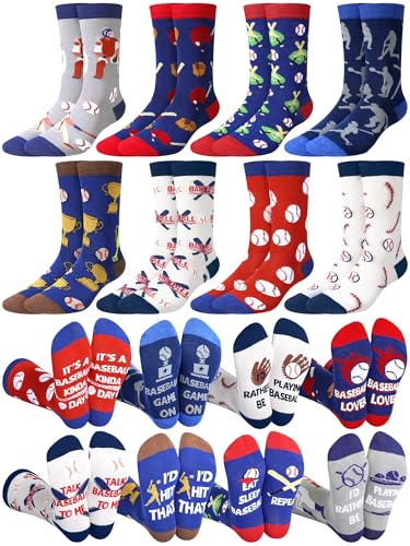 Patelai 8 Pairs Funny Baseball Socks Gifts for Men Novelty Design Baseball Crew Socks for Men's Socks Size 10-13 Christmas Gift for Baseball Lovers