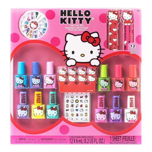 Townley Girl Hello Kitty Water-Based Nail Polish Set, Peel-Off Set with Glittery & Opaque Colors and Nail Accessories for Girls Kids, Perfect for Dress Up, Parties & Makeovers Ages 3