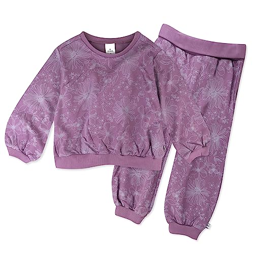 HonestBaby Multipack Pullover Hoodie Sweatshirt Jogger Sweatpant Sets Organic Cotton Baby, Toddler, Boys, Girls, Unisex, Sketchy Floral Purple Sweatsuit, 2T