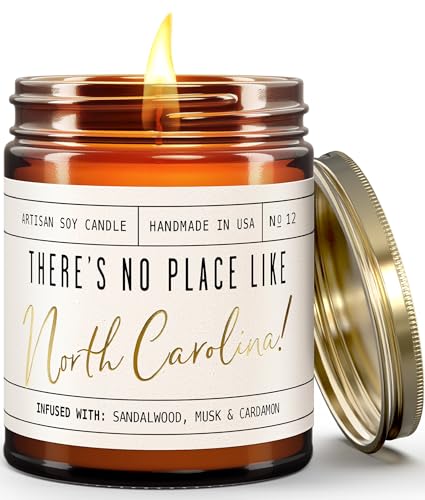 North Carolina Gifts, North Carolina Decor for Home - 'There's No Place Like North Carolina Candle, w/Sandalwood, Musk & Cardamon I North Carolina Souvenirs State Gifts I 9oz Jar, 50Hr Burn, USA Made