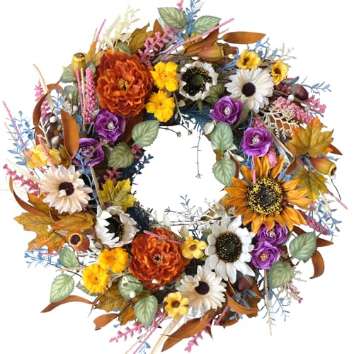 CIR OASES 22inch Fall Wreaths with Daisy Sunflower Elegant and Realistic Flower Wreaths Artificial Wreaths Front Door Hallway Living Room Window Wreaths Thanksgiving Fall Harvest Holiday Wreaths