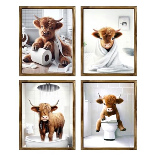 TWNSLLA Highland Cow Funny Bathroom Decor Wall Art,Bathroom Highland Cow Art Prints,Rustic Farmhouse Bathroom Wall Decor,Funny Bathroom Signs Animal Canvas Wall Art,UNFRAMED,8x10inchx4pcs