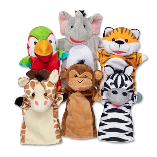 Melissa & Doug Safari Buddies Hand Puppets, Set of 6 (Elephant, Tiger, Parrot, Giraffe, Monkey, Zebra) Soft, Plush Animal Hand Puppets For Toddlers And Kids Ages 2+