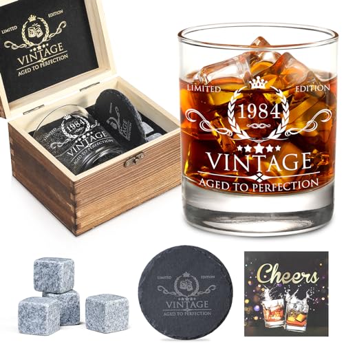 40th Birthday Gifts for Men Whiskey Glass Set - 40th Birthday Decorations, Party Supplies - 40 Year Anniversary, Bday Gifts Ideas for Him, Dad, Husband, Friends - Wood Box & Whiskey Stones & Coaster