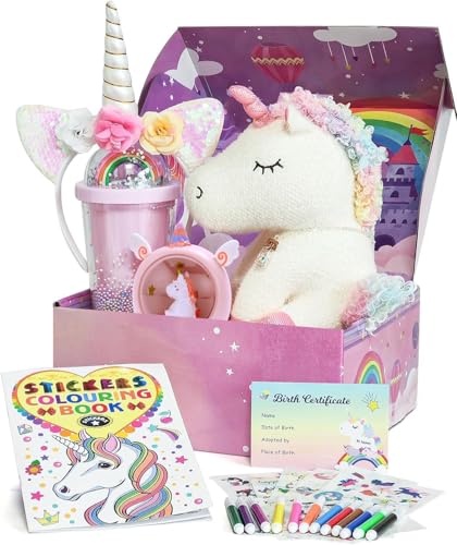 Toylink Unicorn Gift for Girls Toy Age 3 4 5 6 7 8 with Stuffed Animal Water Bottle Night Light Necklace Headband DIY Color Book Pen, Christmas Birthday Gifts Idea Toys for Little Girl 3-10 Years Old