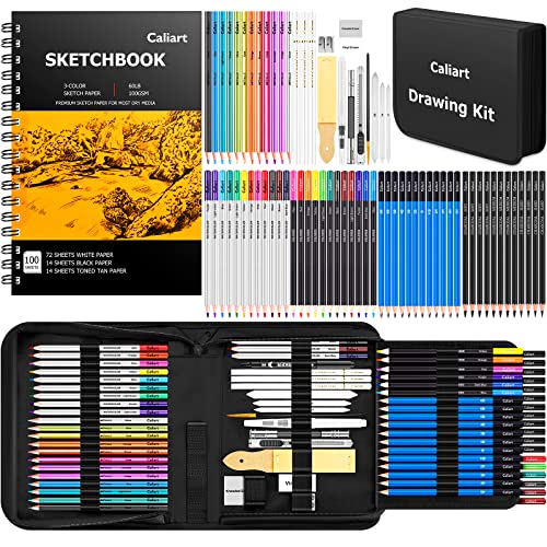 Caliart 176PCS Art Supplies Sketching Kit with 100 Sheets 3-Color Sketch Book, Graphite Colored Charcoal Watercolor & Metallic Pencils, School Supplies Gifts for Artists Adults Teens Girls Boys Kids