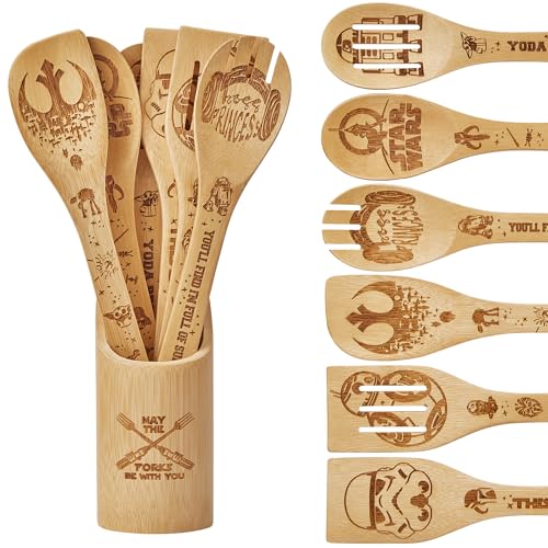 Star Gifts Kitchen Decor Accessories Wooden Spoons for Cooking,7PCS Starwars Gifts Bamboo Utensils Spatulas Nonstick Cookware for women,House Warming Presents,Birthday Gift