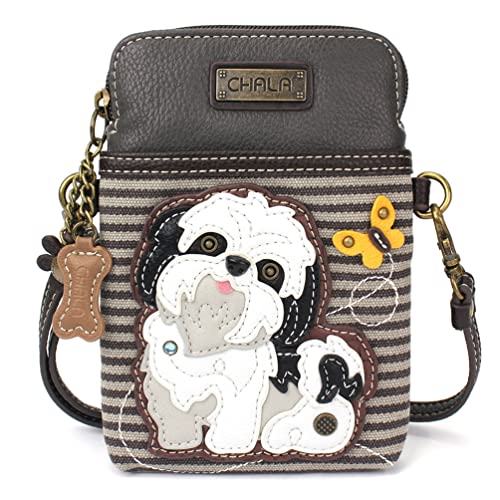 CHALA Cell Phone Crossbody Purse-Women PU Leather/Canvas Multicolor Handbag with Adjustable Strap - Shih Tzu - white - gray stripe