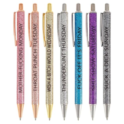 Jxueych 7 Pcs Funny Ballpoint Pen Set Gift for Coworker, Days of The Week Daily Glitter Pen, Black Ink Medium Point 1.0 Mm Smooth Writing