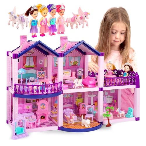 Dollhouse with 4 Princesses, 4 Unicorns, Dog, Furniture and Accessories - Pink and Purple Dream Doll House Toy for Little Girls - 5 Rooms w/Garden, Furniture and Accessories, Gift for Girls Ages 2-7