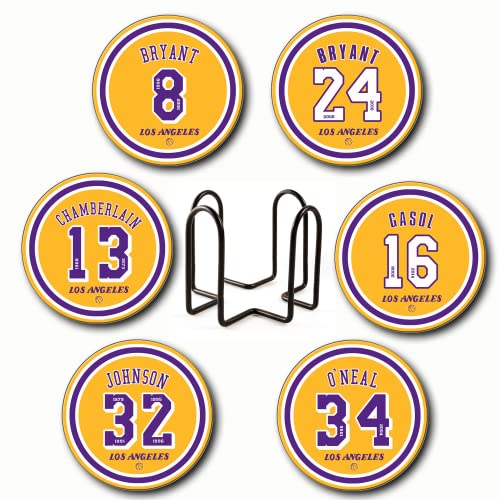 Al Laker Coasters for Drinks, 6 Pack Los Angeles Basketball Ceramic Coasters Set, for Laker Gifts, Laker Mug Cup, Laker Man Cave Home Decor, Laker Decorations