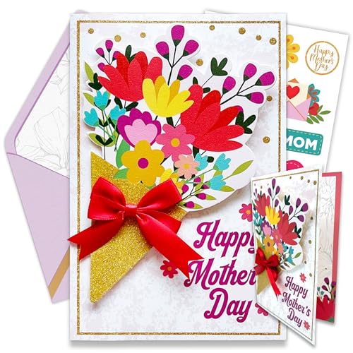 Decorably Glittery Mothers Day Card for Mom Set with Vibrant Flower Cutout & Ribbon, 5x8 Mother's Day Cards with Envelope & Stickers, Mother's Day Card with Printed Message, Mothers Day Card for Mom