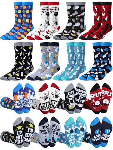 Patelai 8 Pairs Funny Bowling Socks Bowling Gifts for Men Novelty Crew Dress Bowling Socks for Bowlers Lovers