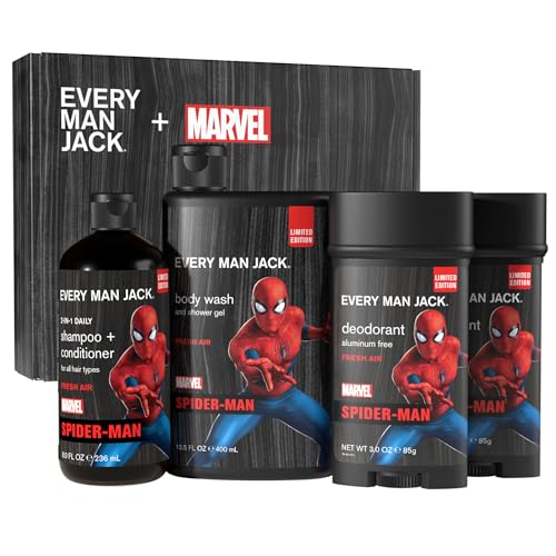 Every Man Jack Spider-Man Body Set - Perfect for Every Guy & Marvel-Lover - Bath and Body Marvel Gift Set with Clean Ingredients & Incredible Scents - Includes Body Wash, Shampoo & Deodorant 2-Pack