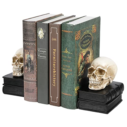 MyGift Vintage Style Skull on Black Stacked Books Decorative Bookends foor Heavy Books, Novelty Resin Skeleton Human Head Statue Halloween Décor - Book Supports, 1 Pair