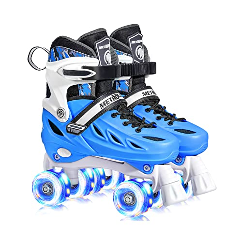 METROLLER Roller Skates for Girls and Boys Ages 4-12, Adjustable 4 Sizes for Kids Toddler Rollerskates with Light up Wheels, for Women and Men (Large-Youth & Adult (4-7 US), Blue)