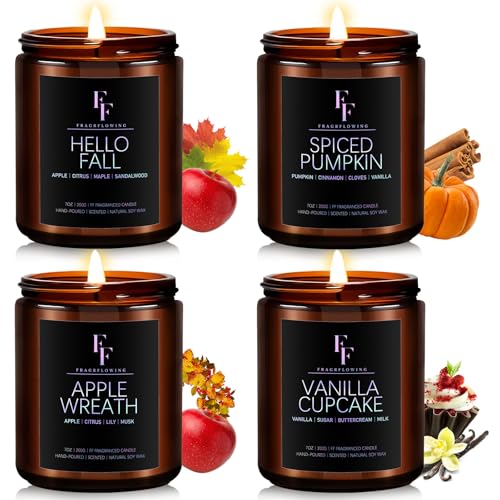 Fall Candles Set, Fall Scented Candles for Home, 4 Pack Natural Soy Autumn Candle, Fall Gifts for Women Men, Fall Fragrance of Pumpkin/Apple Wreath/Hello Fall/Vanilla Cupcake