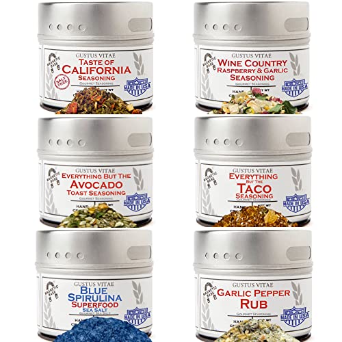 Californian Seasonings Gourmet Gift Set - Tastes of California - Artisanal Spice Blends Six Pack - Non GMO, All Natural, Small Batch - Made By Hand in USA - Gustus Vitae - #667