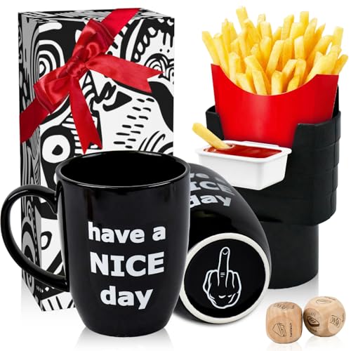 RIYA White Elephant Gifts for Adults, Funny Coffee Mug with Finger on the Bottom, French Fry Holder/Sauce Holder Set, Couple Date Night Dice Ideas, Gag Gifts Stocking Stuffers for Men Women - Black