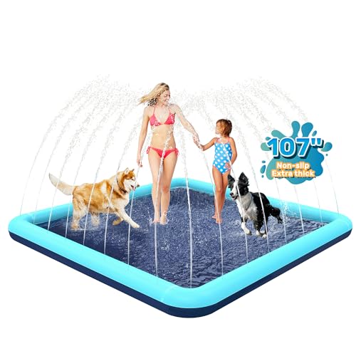 Bilibara 107'' Splash Pad for Dogs, Non-Slip Sprinkler for Kids, Square Splash Pad for Kids Ages 4-8, Splash Pads for Toddlers 1-3, Dog Sprinkler Shallow Pool, Outdoor Water Toys for Backyard, Teal