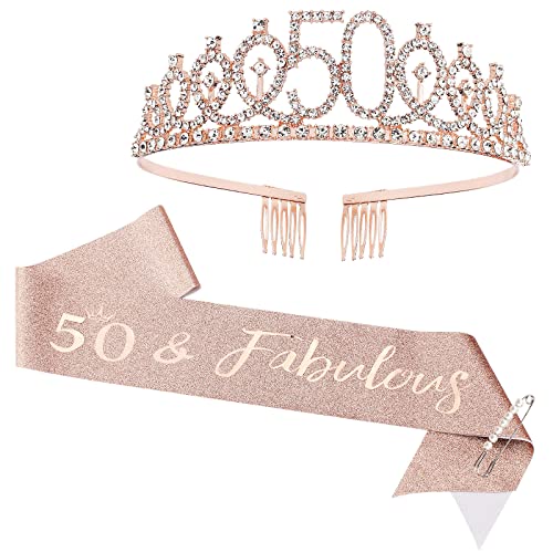 CIEHER 50th Birthday Crown + 50 & Fabulous Birthday Sash + Pearl Pin Set, 50th Birthday Gifts for Women Friends 50th Birthday Decorations Women