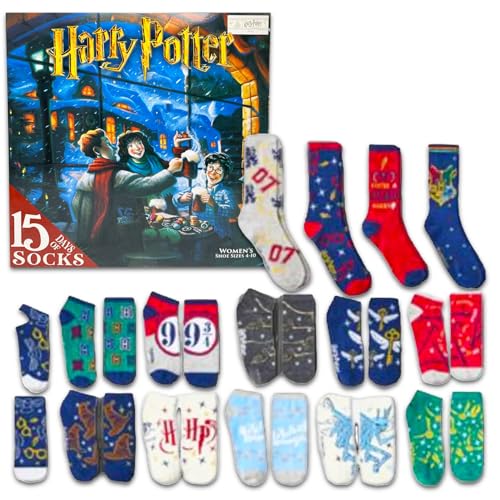 Harry Potter Countdown to Christmas Advent Calendar - Bundle of 15 Hogwarts Socks for Women | One Size Wizard Socks