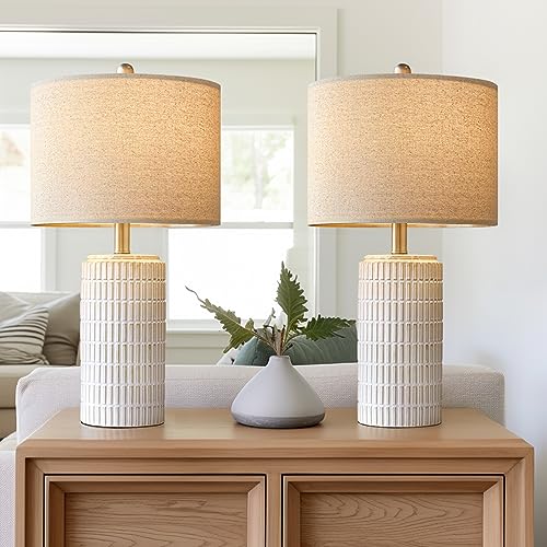 PoKat 23' Modern Ceramic Table Lamp Set of 2 for Living Room White Desk Lamps for Bedroom Farmhouse Bedside Nightstand Bedside Lamp End Table Lamps Beige