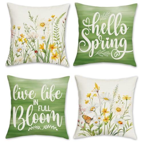 Bonhause Hello Spring Throw Pillow Covers 18 x 18 Inch White Yellow Floral Green Leaves Decorative Pillows Polyester Linen Cushion Cases for Couch Sofa Bed Home Decor Set of 4