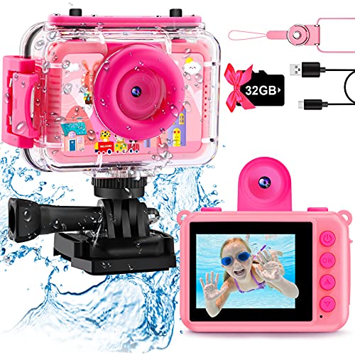 GKTZ Kids Waterproof Camera - Underwater Camera Birthday Gifts for Girls Boys Children Digital Action Camera Video Player with 32GB SD Card, Pool Toys for Kids Age 4 5 6 7 8 10