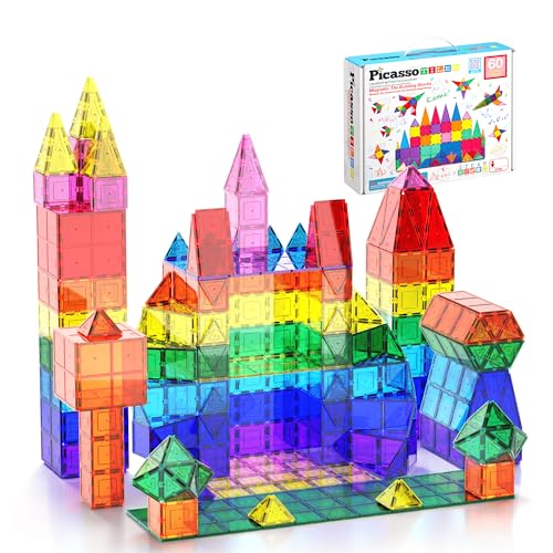 PicassoTiles Magnetic Tiles 60pcs Kids Toys Classroom Sensory Toy for Toddlers STEM Learning Building Blocks, Montessori Pretend Play Magnet Tile Construction Stacking Block Boys Girls Ages 3+ PT60