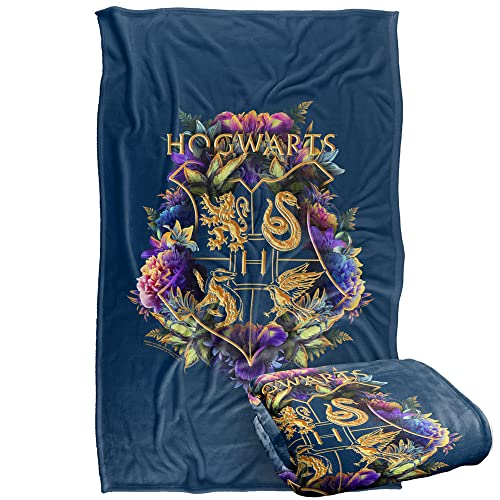 Harry Potter Hogwarts Multi-Colored Floral Crest Silky Touch Super Soft Throw Blanket 36' x 58',Hogwarts Multi-Colored Floral Crest, Blue