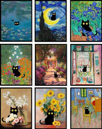 9Pcs Funny Black Cat Wall Art Cats in Famous Paintings Posters Prints Vintage Gallery Wall Decor Pictures Eclectic Cute Preppy Aesthetic Room Decor,Unframed