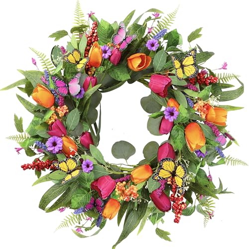 Sggvecsy Spring Summer Wreath for Front Door 22 Inch Artificial Tulips Wreath with Eucalyptus Leaves Lavender Ferns Colorful Silk Flowers Butterflies for Home Farmhouse Indoor Outdoor Wall Decor