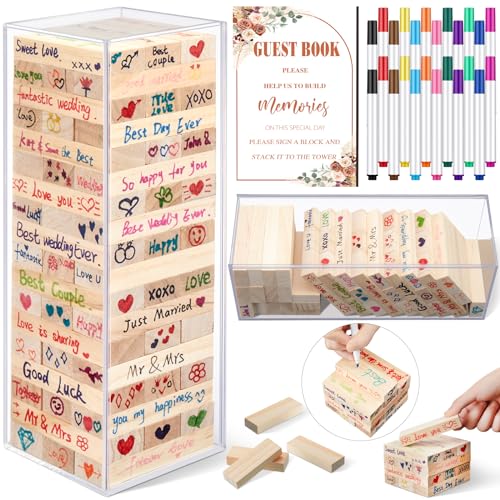 Beeveer 80 Pcs Wedding Guest Book Alternative Wooden Block Guest Book for Wedding Sign in Wedding Book Wooden Block Wedding Games Bridal Shower Game for Wedding Sign in, Reception (Rustic)