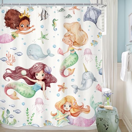 LGhtyro Kids Ocean Mermaid Shower Curtain Bathroom Set 60Wx71H Inches Underwater Cartoon Sea Animals Cute Whale Starfish Funny Sealife Bath Accessories Baby Girls Art Home Decor Fabric 12 Pack Hooks