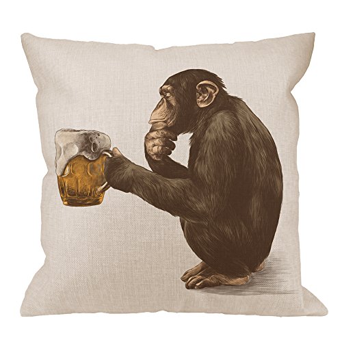 HGOD DESIGNS Gorilla Pillow Cover,Decorative Throw Pillow Monkey Sitting and Thoughtful Look A Glass of Beer Pillow Cases Cotton Linen Square Cushion Covers for Home Sofa Couch 18x18 inch Brown