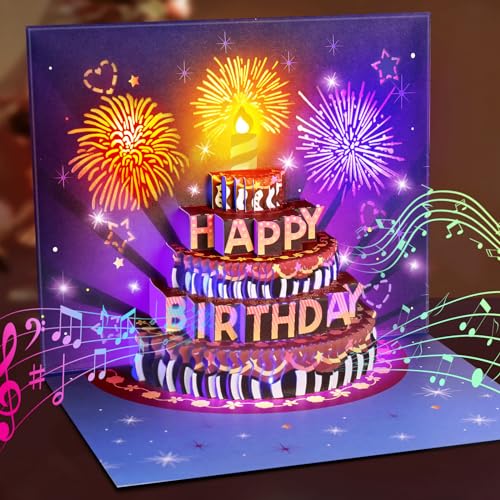 INPHER Birthday Cards Fireworks Pop Up Cake Light and Music Happy Birthday Gifts for Women, Men, Mom, Grandma