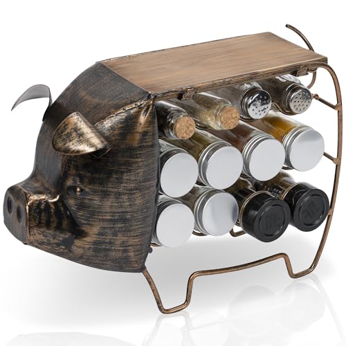 Made Easy Kit Seasoning and Spice Jar Rack Organizer - Metal and Wood Functional Art Decor Sculpture - Kitchen Countertop (Pig)