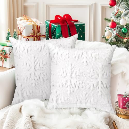 Brightown Christmas Snowflake 18x18 Throw Pillow Covers Set of 2, Soft Fluffy Pillowcases for Home Decorative Boho Pillow Covers for Couch Bedroom White-Snowflake, 18'x18'