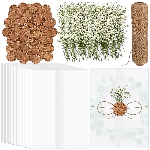 Qilery 50 Sets Wedding Invitations Wraps Set Include Pre Folded Vellum Jackets for 5 x 7 Inch Invitations Mini Dried Flowers Gold Wax Seal Stickers for Wedding Birthday Bridal Baby Shower Craft DIY