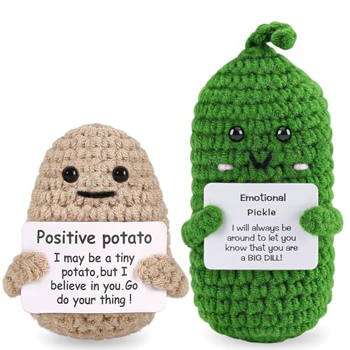 PinCute 2PCS Positive Crochet Potato Pickle Birthday Gifts for Women Men - Mom Dad Friend Gifts for Anniversary Christmas Day - Cute Funny Emotional Positive Knitted Cucumber Doll Room Decors