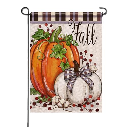 Artofy Fall White Pumpkin Small Decorative Garden Flag, Autumn Buffalo Plaid Check Bow Cotton Yard Lawn Outside Decor, Farmhouse Rustic Burlap Outdoor Home Decoration Double Sided 12 x 18