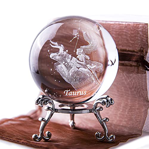 HDCRYSTALGIFTS 3D Laser Constellation Crystal Ball Crystal Paperweight Full Sphere Glass Fengshui with Sliver-Plated Flowering Stand(Taurus)