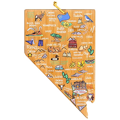 Totally Bamboo Nevada State Shaped Cutting Board and Charcuterie Serving Platter with Artwork by Fish Kiss, Includes Hang Tie for Wall Display