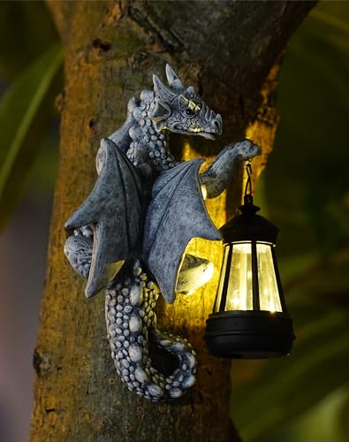 Goodeco Dragon Tree Hugger Garden Statue with Solar Lantern - 9.3 Inch Resin Dragon Decor for Outdoor, Perfect Dragon Gifts & Yard Decor