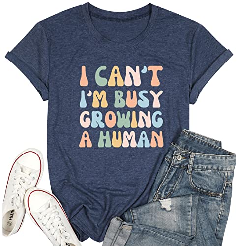 Tewmeu Mama Shirt for Women I Can't I'm Busy Growing A Human Shirt, Funny Pregnancy Shirt Blue