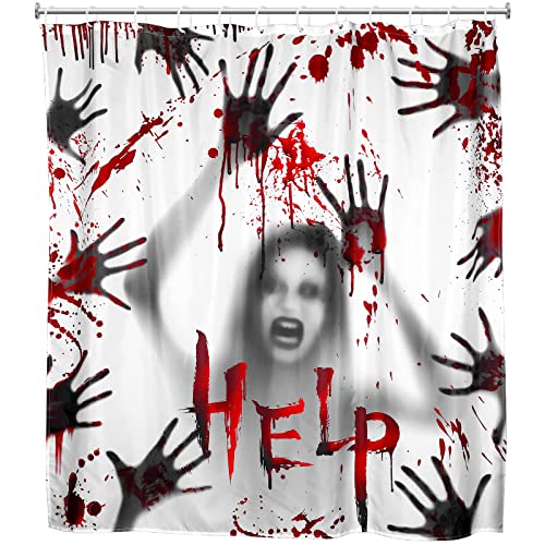 Cindeer Halloween Shower Curtain for Bathroom with Hook Scary Bloody Hands, 71 x 71 Inch Help Me Ghost Hand Shower Curtain Waterproof Polyester Bath Curtain Halloween Themed Decorative Prop