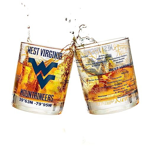 West Virginia University Whiskey Glass Set (2 Low Ball Glasses) - Contains Full Color West Virginia Mountaineers Logo & Campus Map - Mountaineers Gift Idea for College Grads & Alumni - Glassware