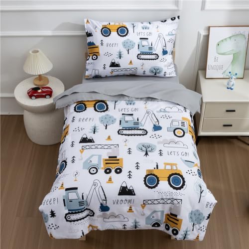 NTBED 4 Pieces Construction Toddler Bedding Set for Baby Boys,Tree Truck Vehicles Excavator Cars Printed, Includes Comforter, Flat Sheet, Fitted Sheet and Pillowcase,Light Grey